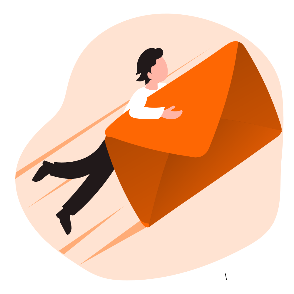 a man lying on an orange letter